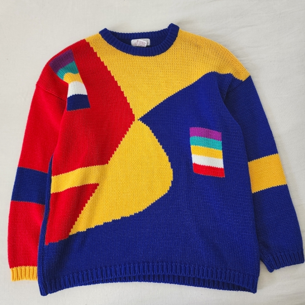 Vintage Color Block Knit Colorful Geometric Sweater large